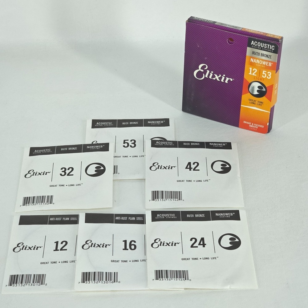 Elixir 11052 Nanoweb 80/20 Bronze Six (6) Acoustic Guitar Strings 12/53 Light